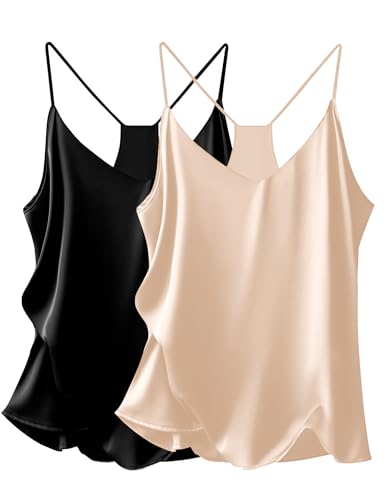 Ekouaer Womens Satin Cami Tops 2 Pack V Neck Silk Camisole Tank